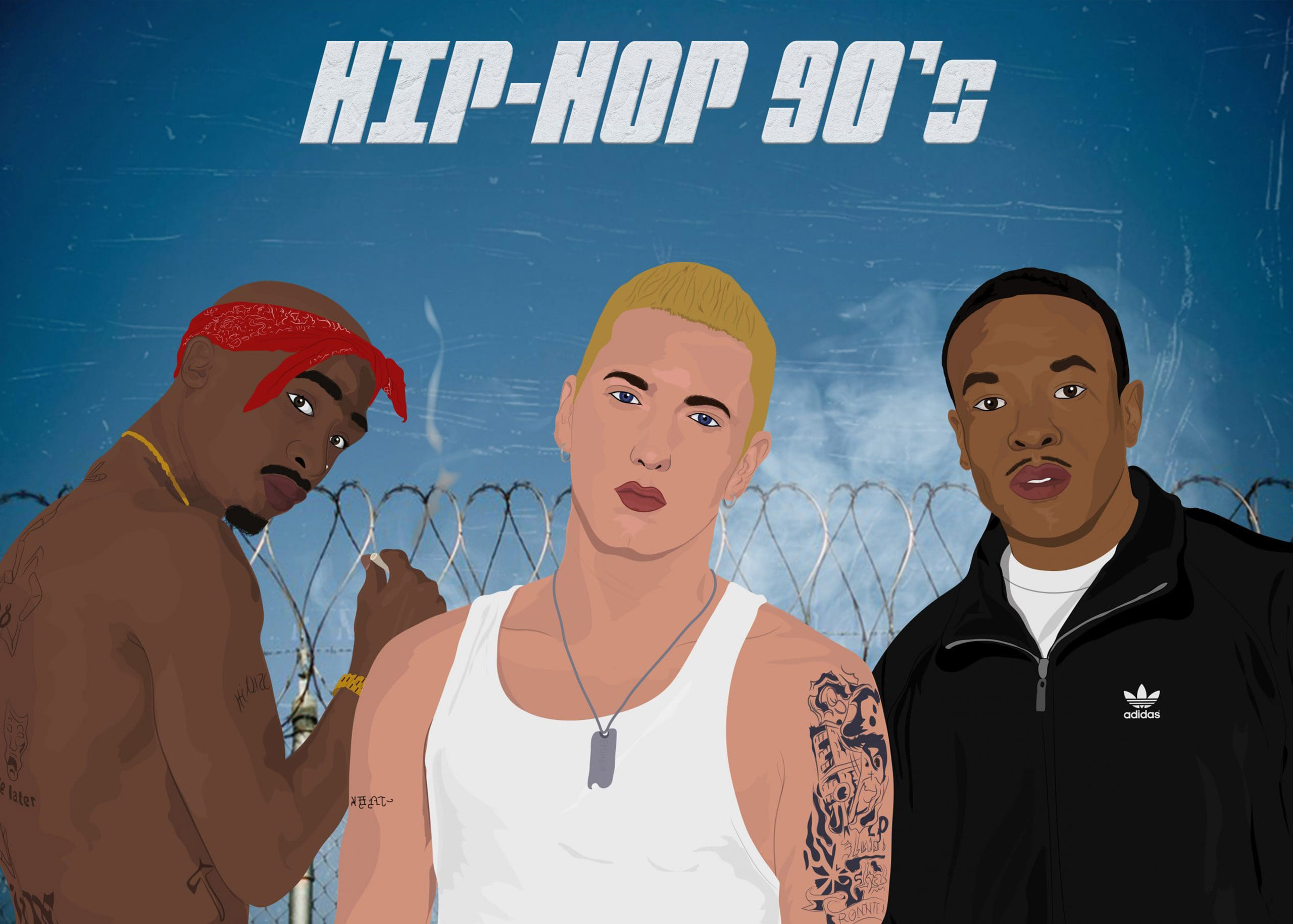 Dessin des rappeurs américains Eminem, 2pac et Dr Dre West Coast illustration by fabuleux officiel